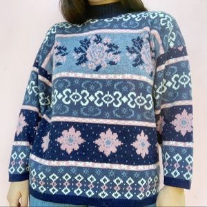 Vintage 80s Blue Pink Rose Chunky Knit Sweater L